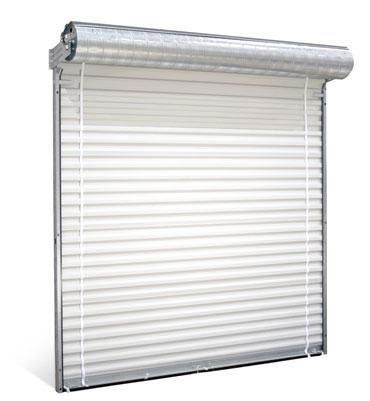White roll-up door, also known as a roller shutter, which is commonly used for garages, warehouses, and commercial buildings. The door is made of horizontal slats hinged together and has a tubular casing at the top, where the door rolls up when opened. 